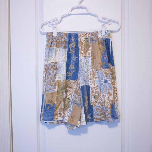 Boho VTG Blair Shorts Patchwork Floral Geometric Blue Tan 90s M | Soft Summer - Picture 1 of 5